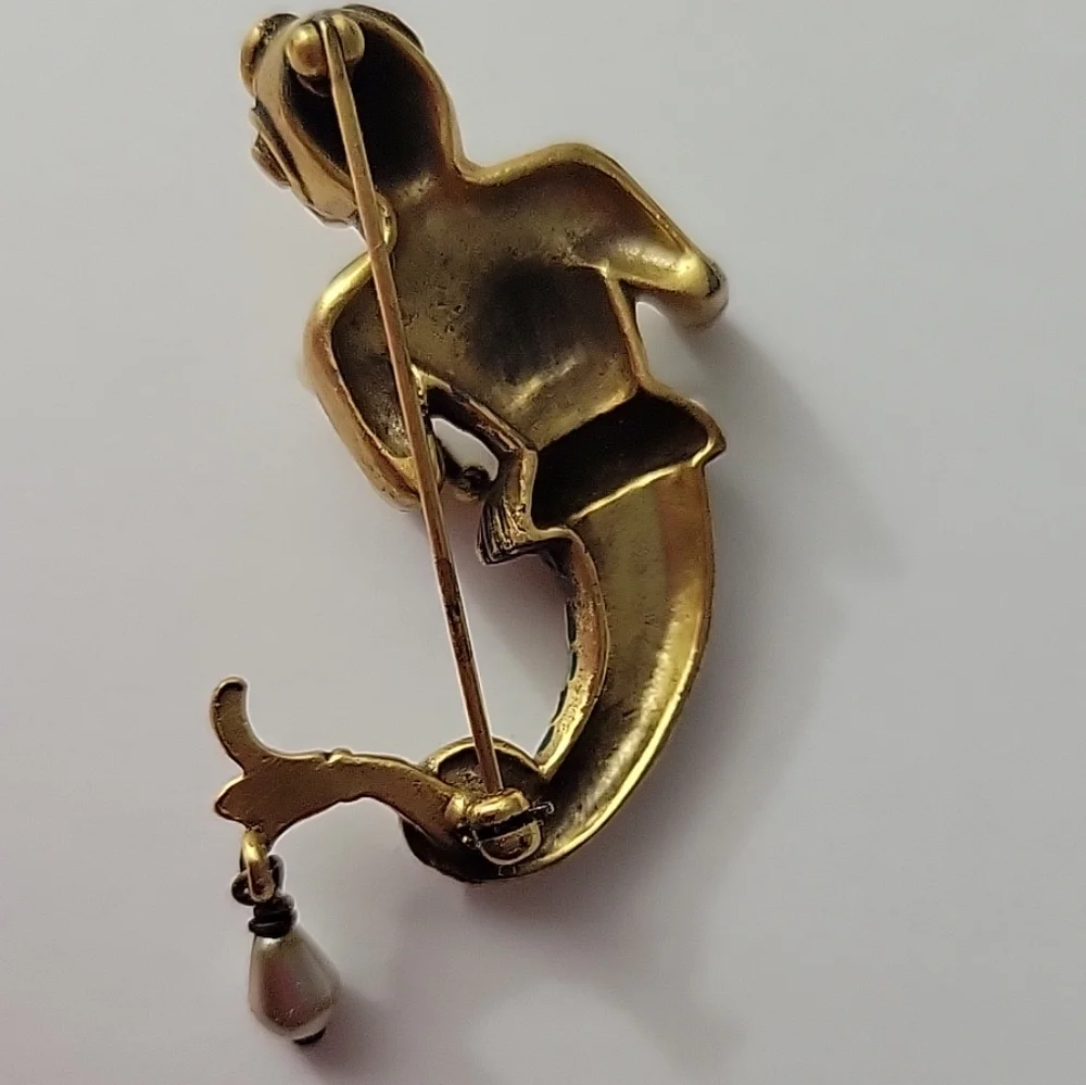 Vintage Gold Tone Green Enamel Faux Pearl Mythical Mermaid Brooch Excellent